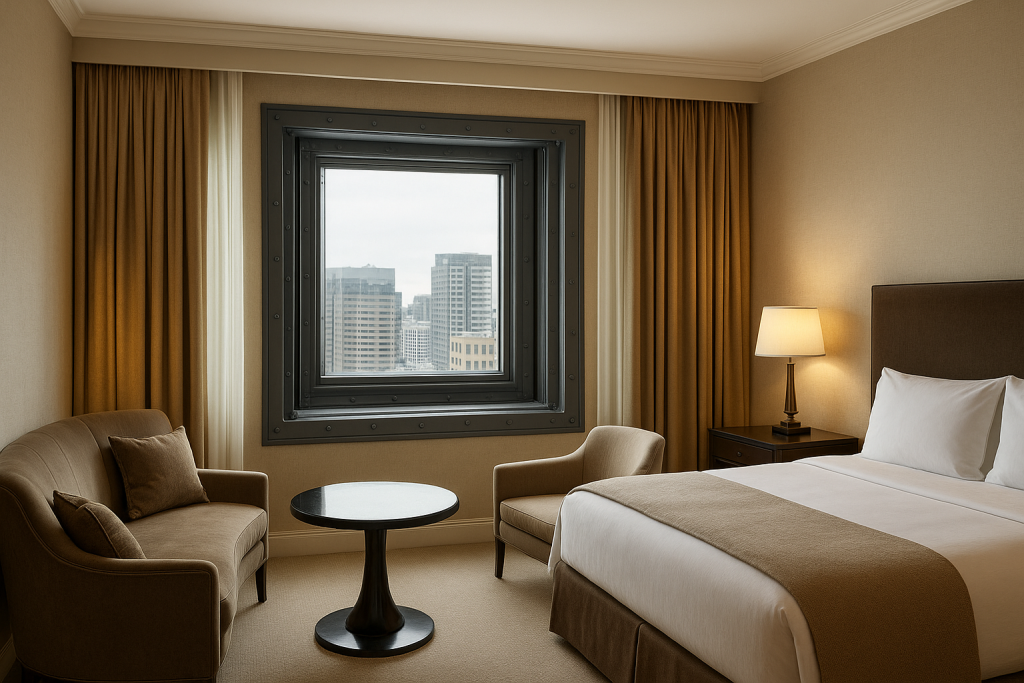 Hospitality de alto riesgo: suites blindadas para C-level y delegaciones – Body – suite blindada elegante con ventana reforzada y mobiliario