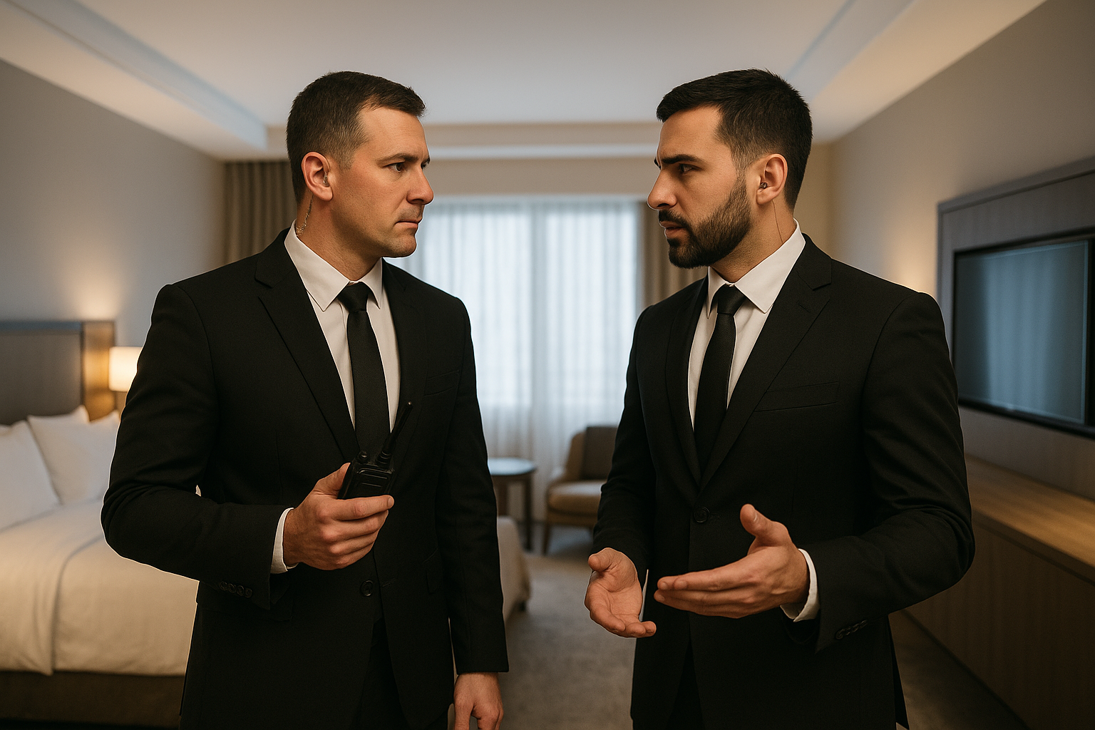 Hospitality de alto riesgo: suites blindadas para C-level y delegaciones – Body – personal de seguridad coordinando protocolos