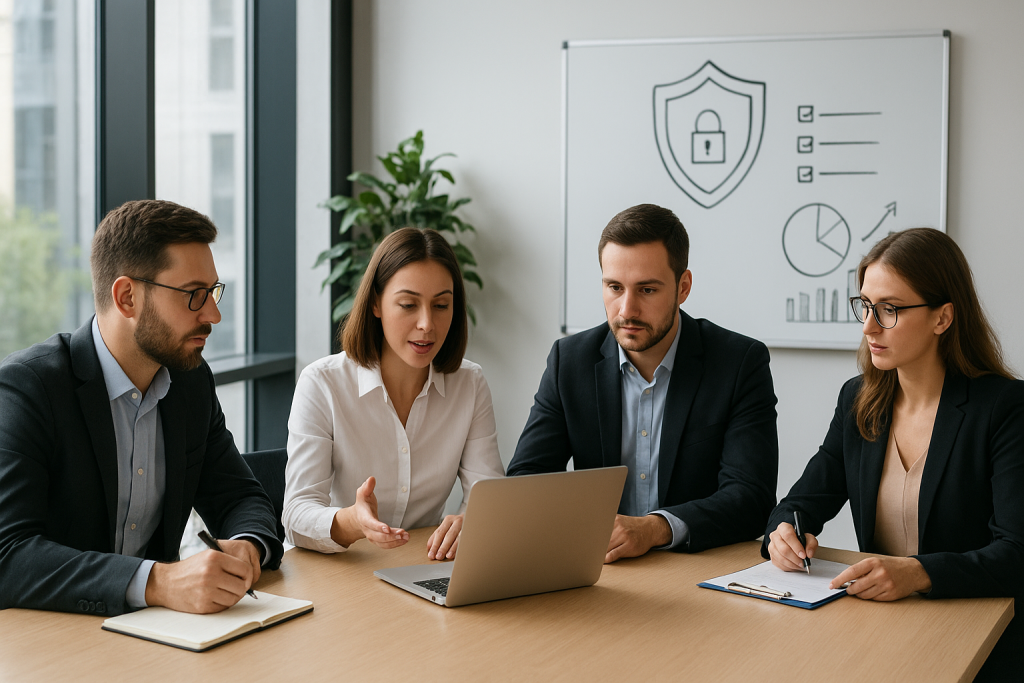 Plan anual TSCM para scaleups: hitos trimestrales y KPIs de privacidad – Body – equipo profesional diseñando estrategia de seguridad tecnoló