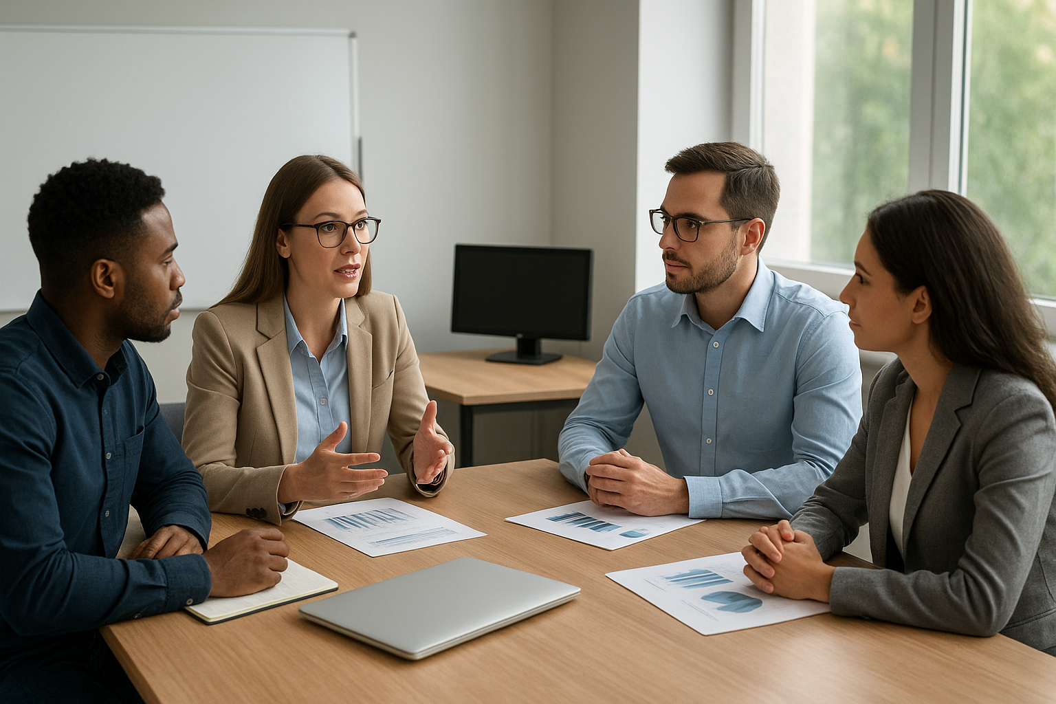 Plan anual TSCM para scaleups: hitos trimestrales y KPIs de privacidad – Body – reunión de equipo en ambiente laboral, discutiendo políticas