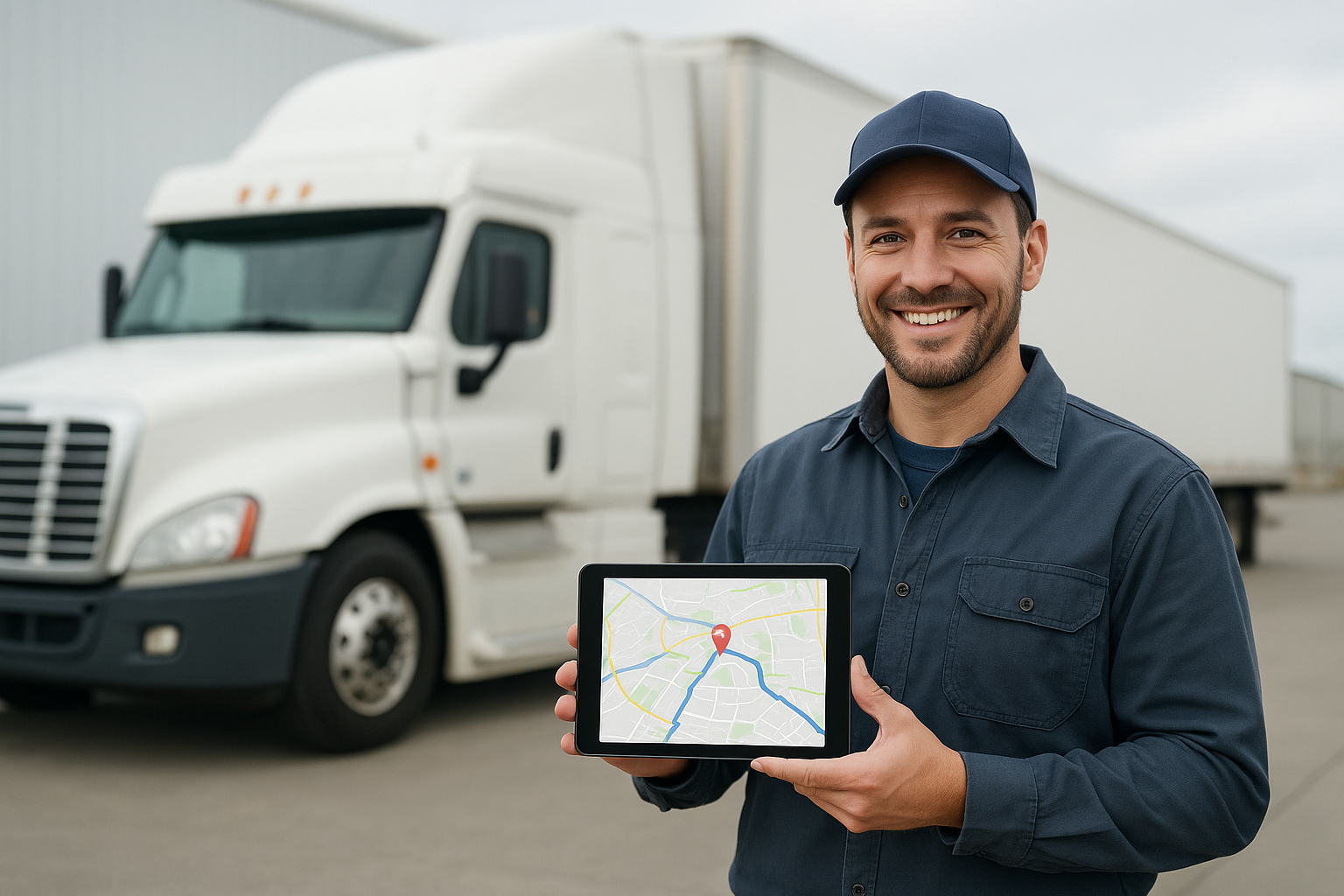 Rastreadores GPS en flotas: procedimiento legal y retirada segura – Body – conductor de camión sonriente con tableta mostrando ruta GPS, en