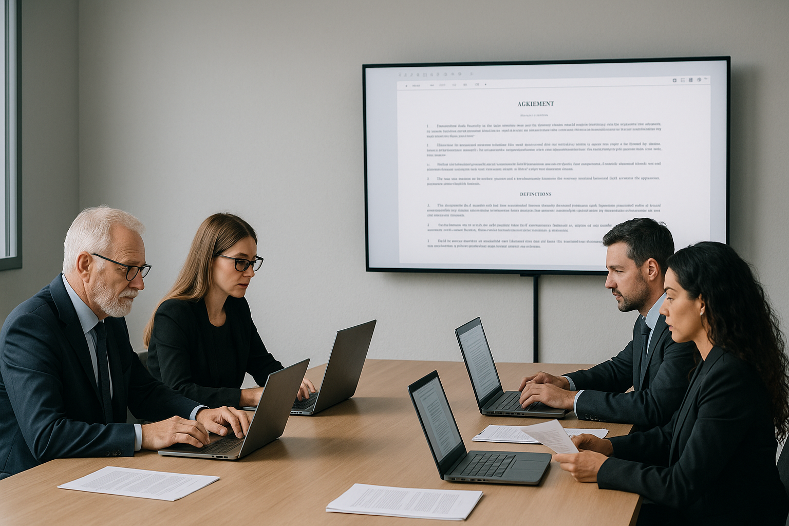 eDiscovery en España: cómo preservar, revisar y producir evidencia digital – Body – equipo legal en sala de reuniones revisando documentos d