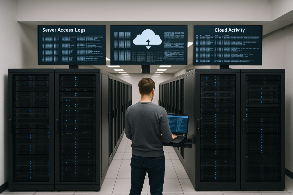 Logs de servidores y nube: cómo rastrear accesos y filtraciones – Intro – servidores con pantallas mostrando datos de logs en tiempo real, e