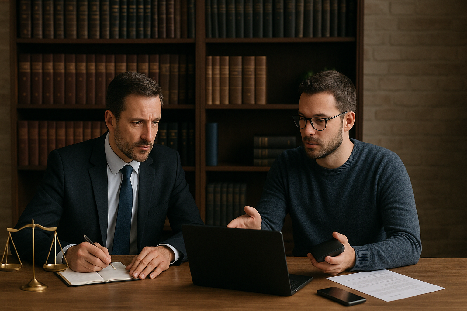 Peritaje informático en España: requisitos legales y cuándo te conviene – Body – reunión entre abogado y perito informático revisando eviden